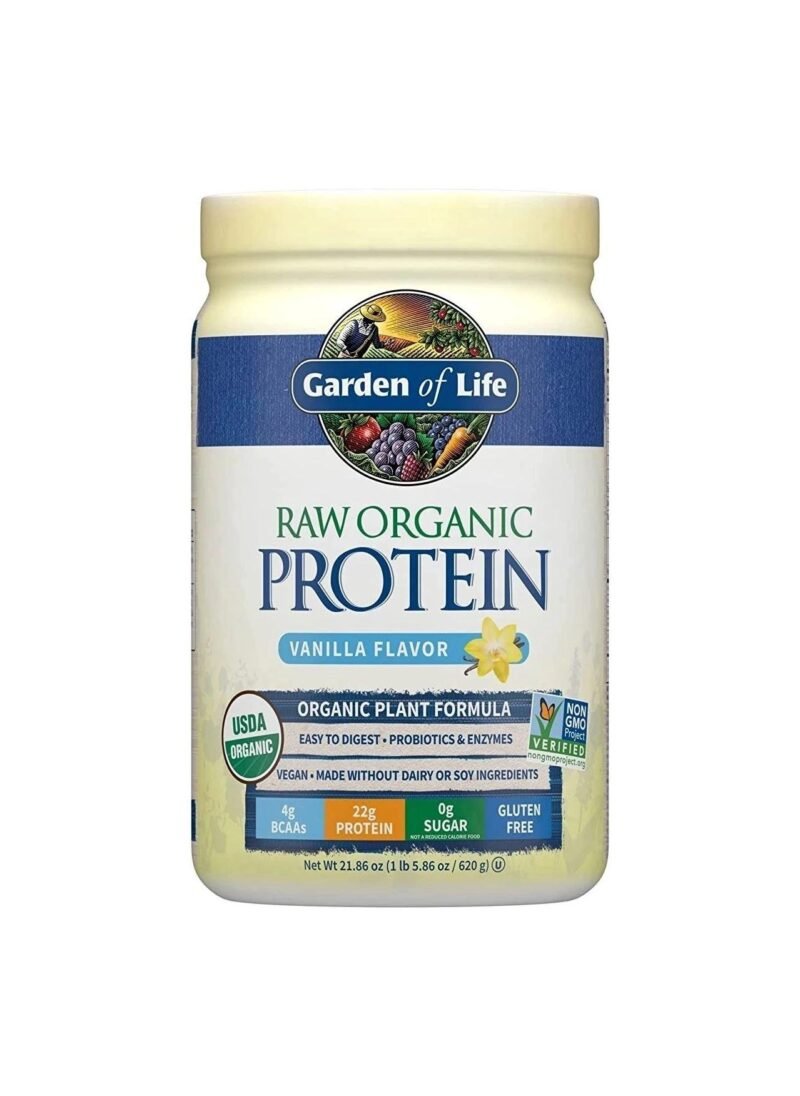 Garden of Life Raw Organic Protein Vanilla Powder, 20 Servings: Certified Vegan, Gluten Free, Organic, Non-GMO, Plant Based Sugar Free Protein Shake with Probiotics & Enzymes, 4g BCAAs, 22g Protein