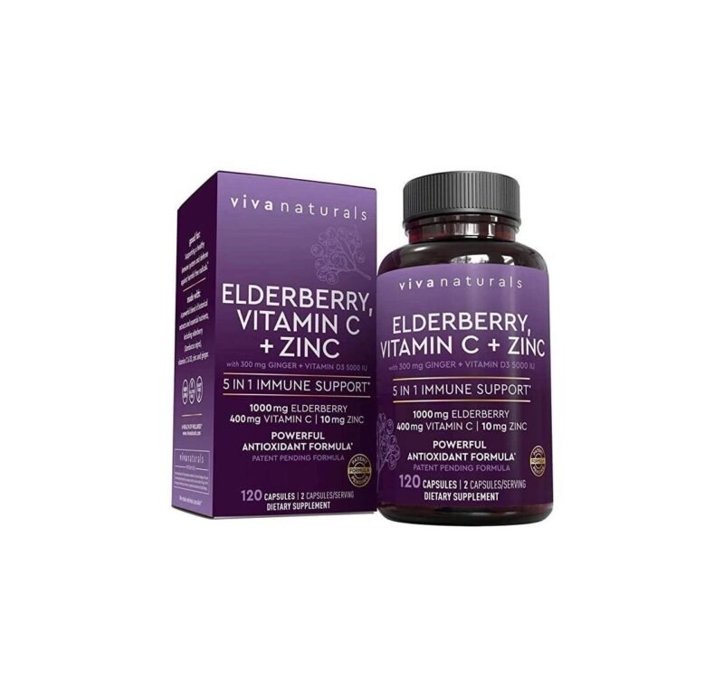 Viva Naturals Elderberry, Vitamin C, Zinc, Vitamin D3 5000 IU & Ginger - Antioxidant & Immune Support Supplement, 2 Month Supply (120 Capsules) - 5 in 1 Daily Immune Support for Adults