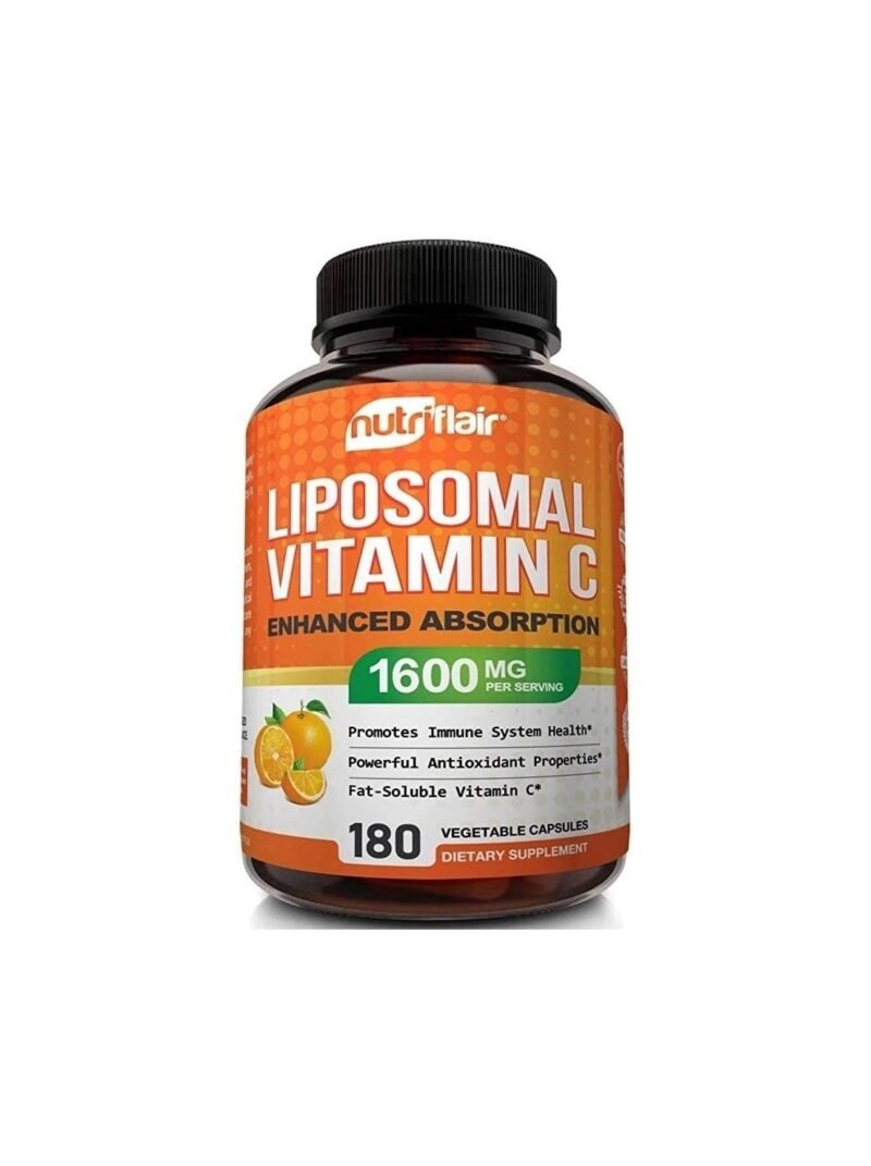 NutriFlair Liposomal Vitamin C 1600mg, 180 Capsules - High Absorption, Fat Soluble VIT C, Antioxidant Supplement, Higher Bioavailability Immune System Support & Collagen Booster, Non-GMO, Vegan Pills