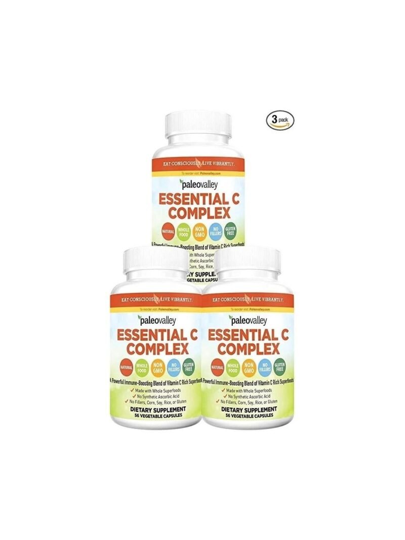 Paleovalley: Essential C Complex - Vitamin C Food Supplement with Organic Superfoods for Immune Support - 3 Pack - 450 mg per Serving - No Synthetic Ascorbic Acid - No GMO, Fillers or Gluten