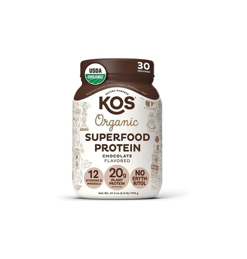 KOS Vegan Protein Powder Erythritol Free, Chocolate - Organic Pea Protein Blend, Plant Based Superfood Rich in Vitamins & Minerals - Keto, Dairy Free - Meal Replacement for Women & Men, 30 Servings