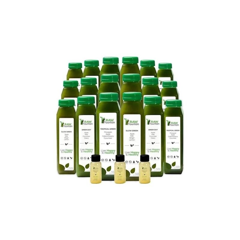 Raw Fountain 7 Day Green Juice Cleanse, All Natural Raw, Vegan Detox, Cold Pressed Juices, 42 Bottles 12oz, 7 Ginger Shots