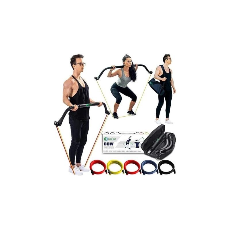 NYPOT Premium Bow Portable Gym - At Home Workout Equipment Men and Women - Full Body Compact Home Gym & Home Workout Kit - Squat Resistance Bands with Bar - Travel Gym Work from Home Fitness Equipment