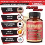 Ashwagandha Capsules, 5 in 1 Equivalent to 5200mg Powder. Combined With Turmeric, Ginger, Black Pepper And Rhodiola. Mood And Strength Support Supplement - 1 Pack - 90 Capsules - 3 Month Supply - Image 2