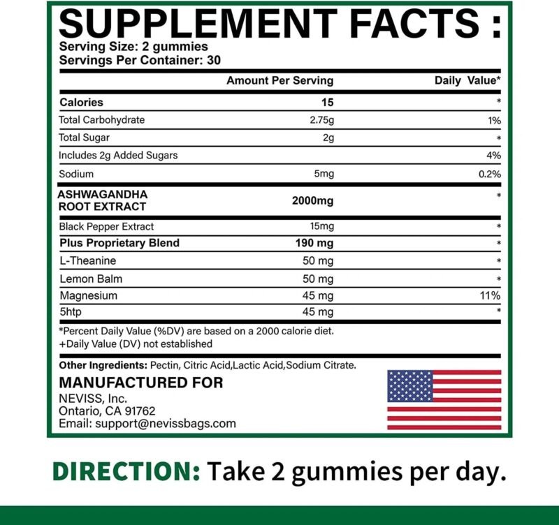 NEVISS Ashwagandha Gummies 2000mg, Feel Refreshed, Plus Proprietary Blend with 5-HTP, L-Theanine, Lemon Balm, Magnesium for Calm, Zzzs, Mood, Energy & Relaxation Support, 120 Count - Image 2