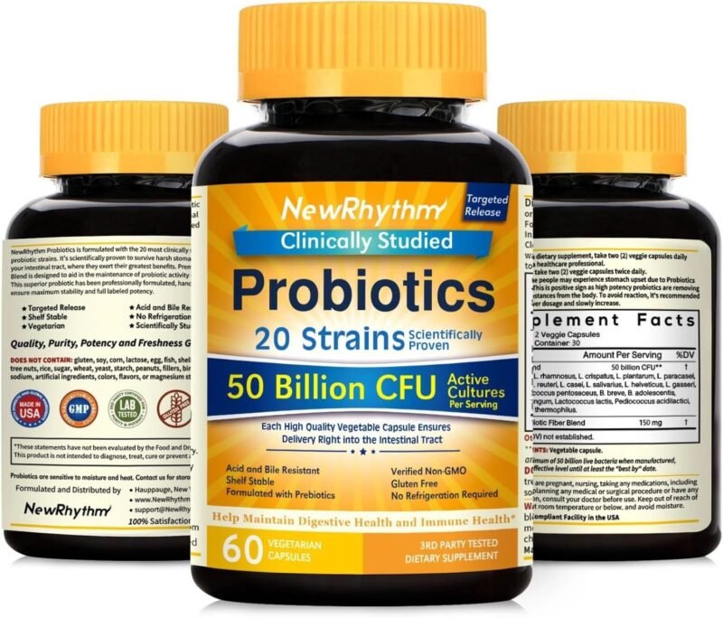 NewRhythm Probiotics 50 Billion CFU 20 Strains, 60 Veggie Capsules, Targeted Release Technology, Stomach Acid Resistant, No Need for Refrigeration, Non-GMO, Gluten Free - Image 2