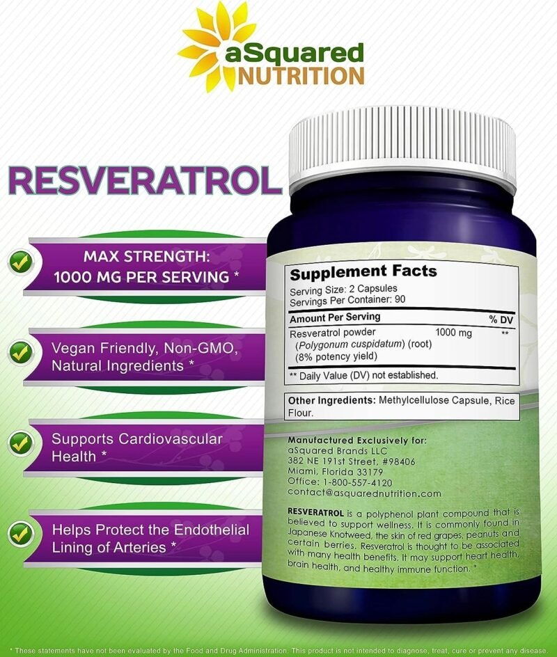 aSquared Nutrition 100% Natural Resveratrol - 1000mg Per Serving Max Strength (180 Capsules) Antioxidant Supplement, Trans-Resveratrol Pills for Heart Health & Pure, Trans Resveratrol & Polyphenols - Image 3