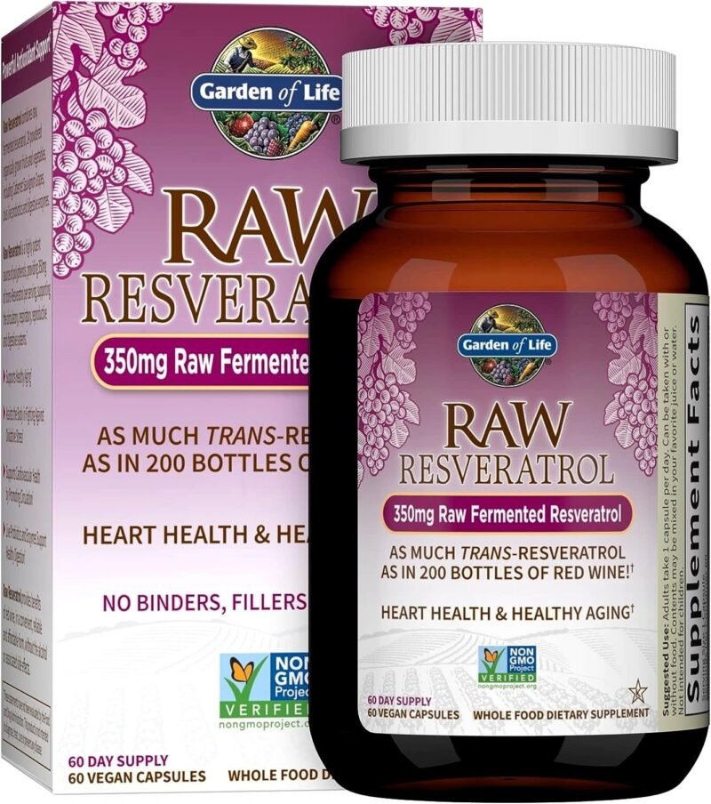 Garden of Life Heart Resveratrol Supplement - Powerful Antioxidant Support with 350mg Raw Fermented Trans-Resveratrol Plus Probiotics and Enzymes for Heart Health and Healthy Aging, 60 Vegan Capsules