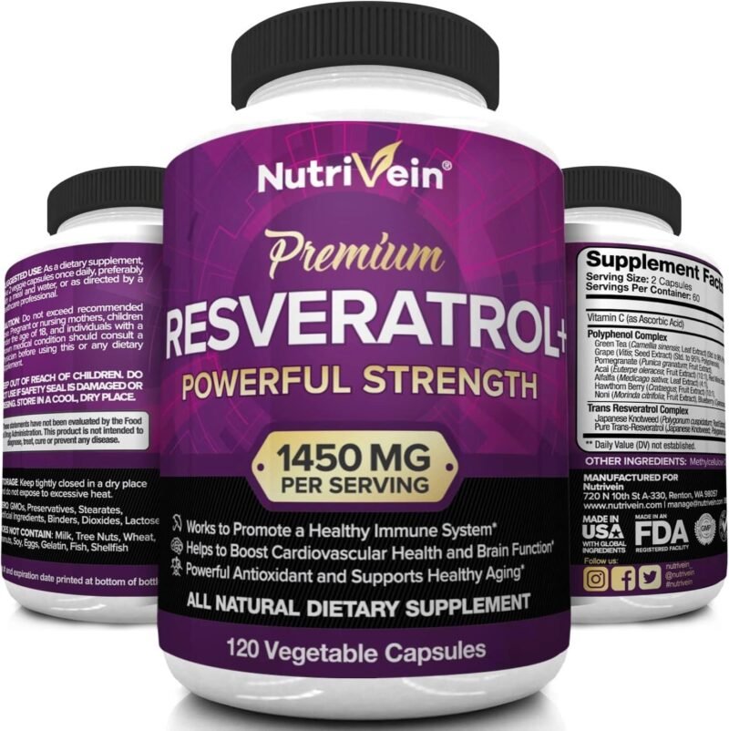 Nutrivein Resveratrol 1450mg - Antioxidant Supplement 120 Capsules ? Supports Healthy Aging and Promotes Immune, Brain Boost and Joint Support - Made with Trans-Resveratrol, Green Tea Leaf, Acai Berry - Image 4