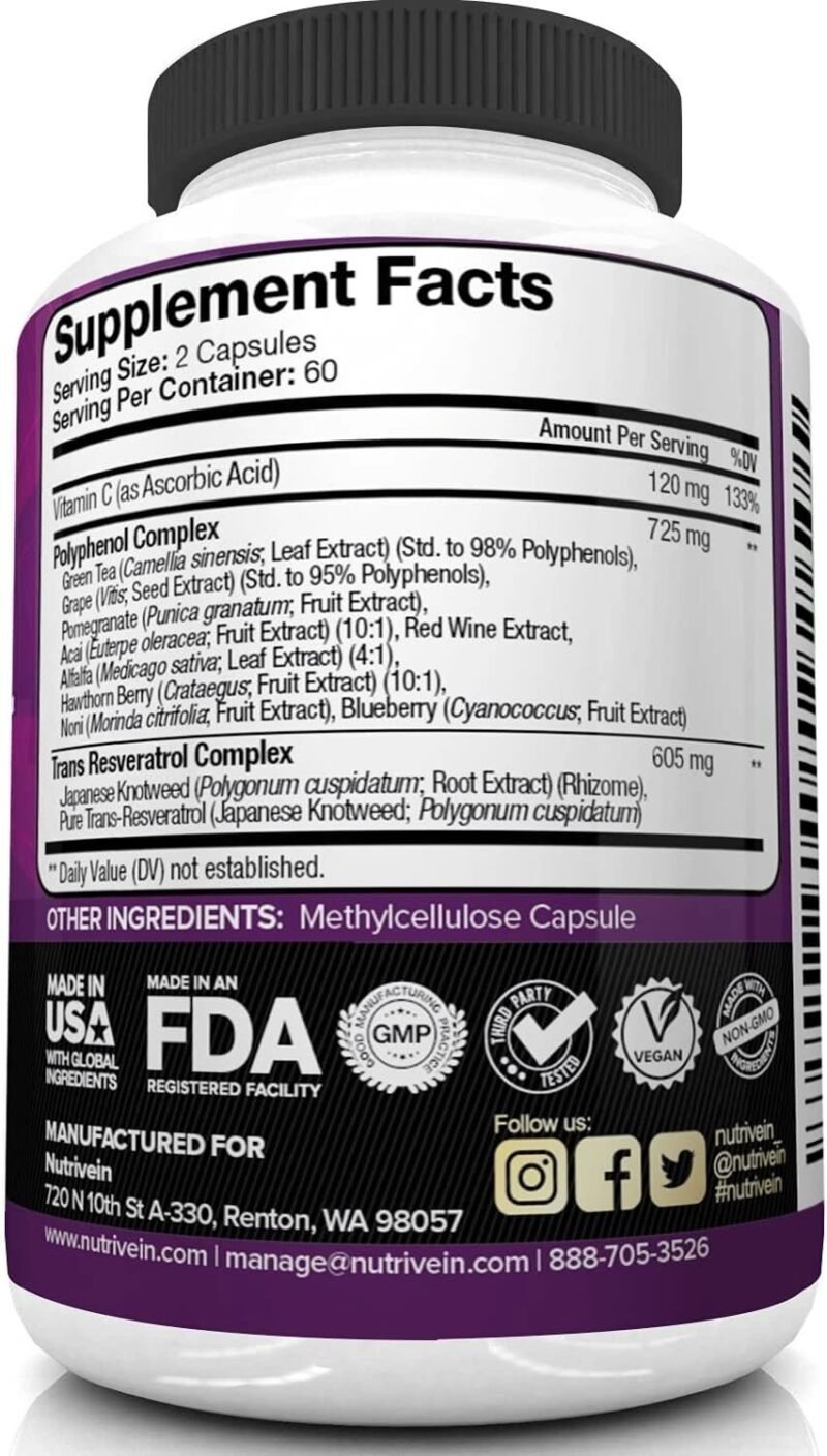 Nutrivein Resveratrol 1450mg - Antioxidant Supplement 120 Capsules ? Supports Healthy Aging and Promotes Immune, Brain Boost and Joint Support - Made with Trans-Resveratrol, Green Tea Leaf, Acai Berry - Image 2