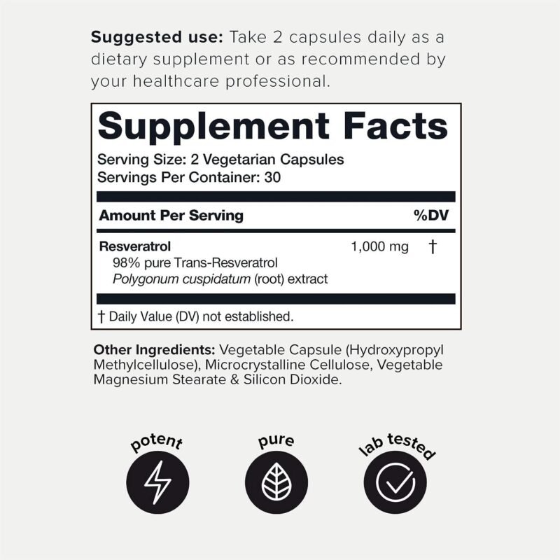 Ultra High Potency Resveratrol 1000mg - 98% Pure Trans-Resveratrol - Highly Purified and Bioavailable - Third-Party Tested Trans Resveratrol 1000mg - Resveratrol Polygonum Root Extract - 60 Capsules - Image 2