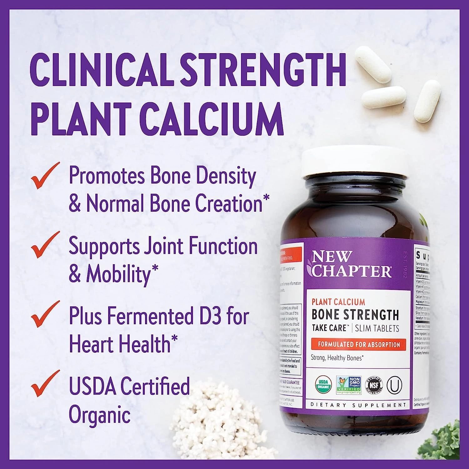 New Chapter Calcium Supplement - Bone Strength Organic Red Marine Algae Calcium - with Vitamin D3+K2 + Magnesium, 70+ Trace Minerals for Bone Health, Gluten Free, Easy to Swallow - 180 Slim Tablets - Image 6