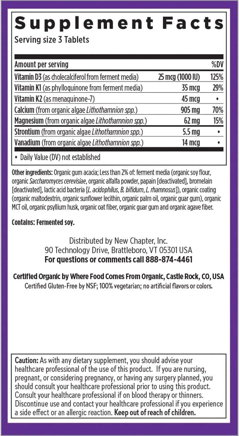 New Chapter Calcium Supplement - Bone Strength Organic Red Marine Algae Calcium - with Vitamin D3+K2 + Magnesium, 70+ Trace Minerals for Bone Health, Gluten Free, Easy to Swallow - 180 Slim Tablets - Image 2