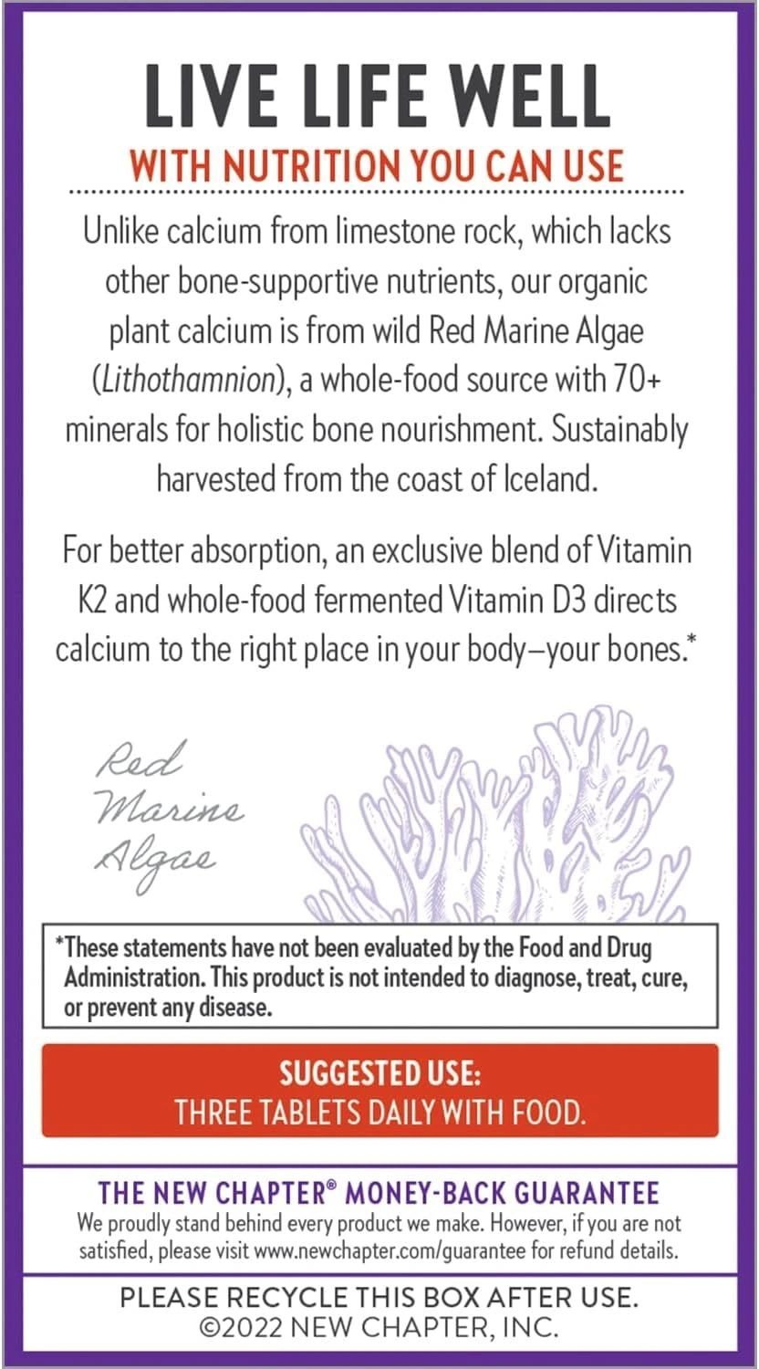 New Chapter Calcium Supplement - Bone Strength Organic Red Marine Algae Calcium - with Vitamin D3+K2 + Magnesium, 70+ Trace Minerals for Bone Health, Gluten Free, Easy to Swallow - 180 Slim Tablets - Image 8