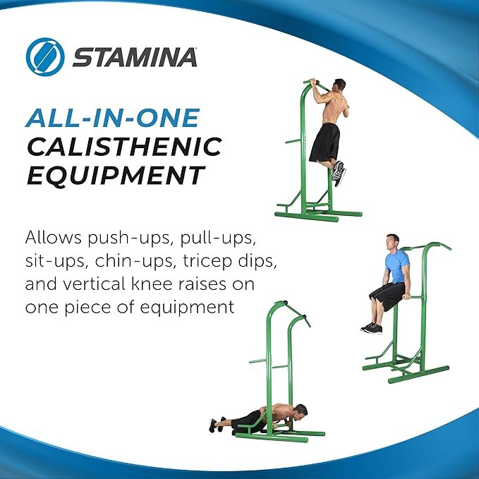 Stamina Pull Up Bar Tower & Dip Station, Free Standing Outdoor Home Gym Equipment, Green - Adjustable and Portable Workout Stand for Calisthenics Body Weight Training - Image 2