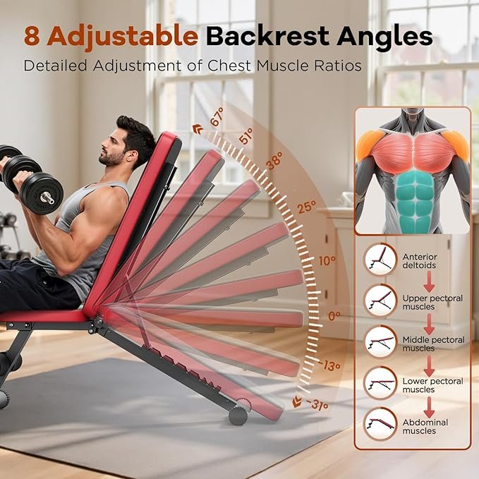NICEPEOPLE Basic Weight Bench for Home Gym, 8 Backrests Adjustable Bench with 660LBS Weight Capacity for Chest Shoulders Arms Muscles, Foldable and Compact for Small Space Apartment Room - Image 4