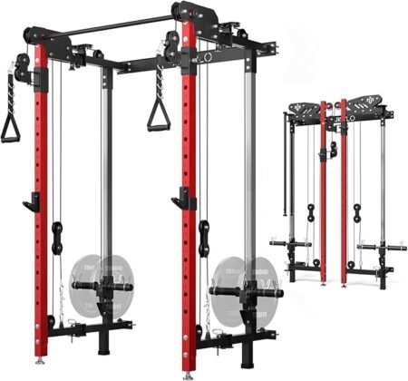 Mikolo Folding Squat Rack, Wall Mounted Power Rack with Cable Crossover Machine & LAT Pull Down, Functional Trainer with 5 Adjustable Function Modes, for Home Gym and Space Saving