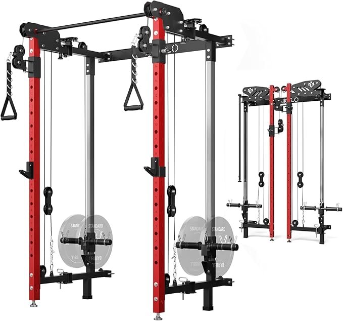 Mikolo Folding Squat Rack, Wall Mounted Power Rack with Cable Crossover Machine & LAT Pull Down, Functional Trainer with 5 Adjustable Function Modes, for Home Gym and Space Saving
