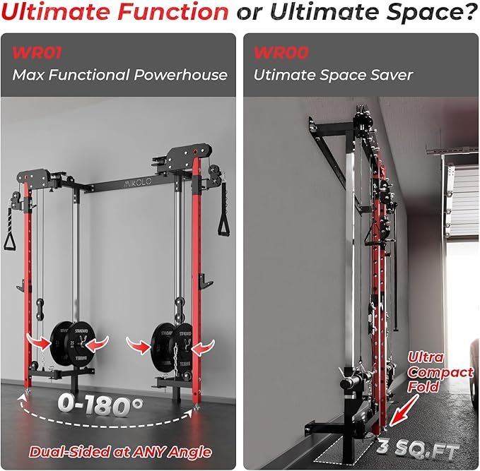 Mikolo Folding Squat Rack, Wall Mounted Power Rack with Cable Crossover Machine & LAT Pull Down, Functional Trainer with 5 Adjustable Function Modes, for Home Gym and Space Saving - Image 4