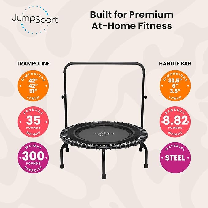 JumpSport 350 PRO Fitness Trampoline, Cardio Workout, No-Tip Arched Legs Home Gym Equipment, Adjustable Bungees & 60 Day Trial Video - Image 2