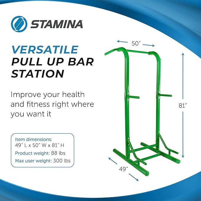 Stamina Pull Up Bar Tower & Dip Station, Free Standing Outdoor Home Gym Equipment, Green - Adjustable and Portable Workout Stand for Calisthenics Body Weight Training - Image 3
