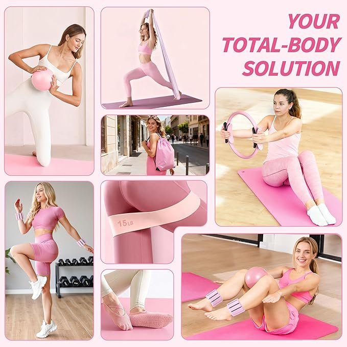 Pilates Kit, Home Pilates Workout Kit for Women, Pilates Equipment with 14.5" Pilates Ring and Ball, Resistance Bands, Ankle Weights, Sliders & Grip Socks Accessories for Starter Home Workouts - Image 5