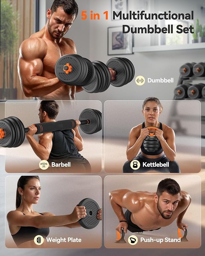 FEIERDUN Adjustable Dumbbells, 20/30/40/45/70/90lbs Free Weight Set with Connector, 5 in1 Dumbbells Set Used as Barbell, Kettlebells, Push up Stand, Weight Plate, Fitness Exercises for Home Gym Suitable Men/Women - Image 4