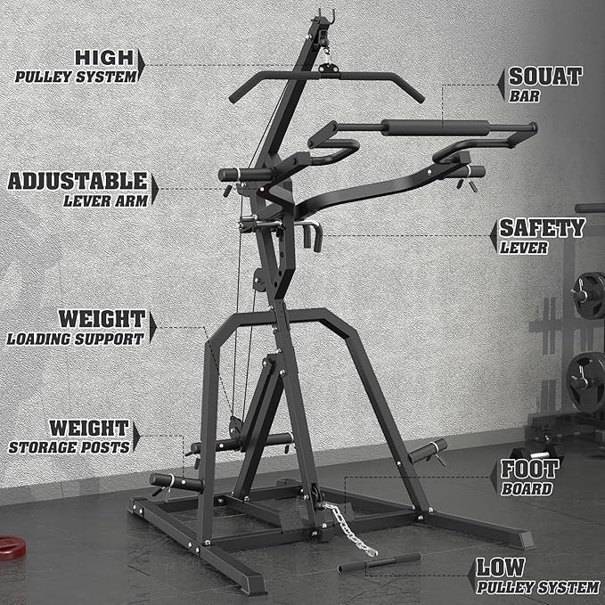 DONOW Leverage Gym Power Rack Squat Rack Lever Gym with LAT Low Row System Home Gym System Workout Station 2:1 Ratio (Without Weight Plates) - Image 5