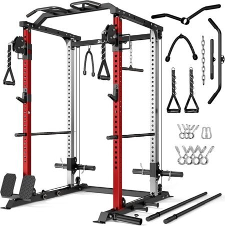 DP01 Power Cage, 2000LBS Squat Rack with with Cable Crossover and Dual Independent Pulley System, Full Cage for Full Body Training, Power Rack with More Training Attachments for Home Gym