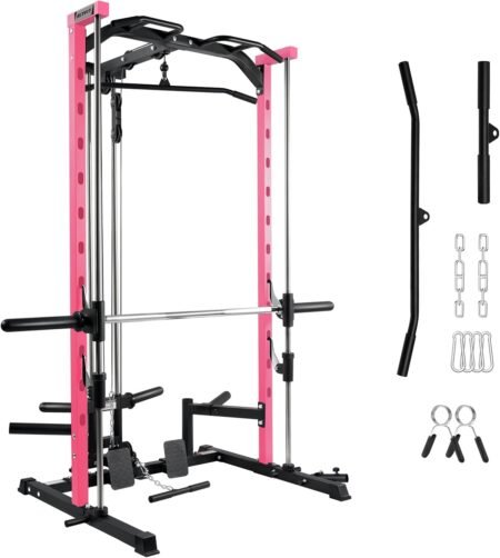 RitFit Smith Machine Power Rack with LAT-Pull Down System, Landmine, Barbell Bar, Plate Storage Pegs and More Training Attachment