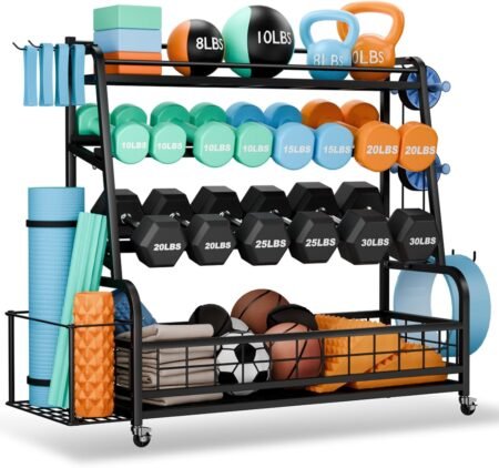 Upgraded XL Dumbbell Rack Weight Stand - Adjustable Weight Rack for Dumbbells, Home Gym Storage Rack for Kettlebell, Balls,Yoga Mat Storage Holder, Workout Equipment Storage Organizer With Wheels